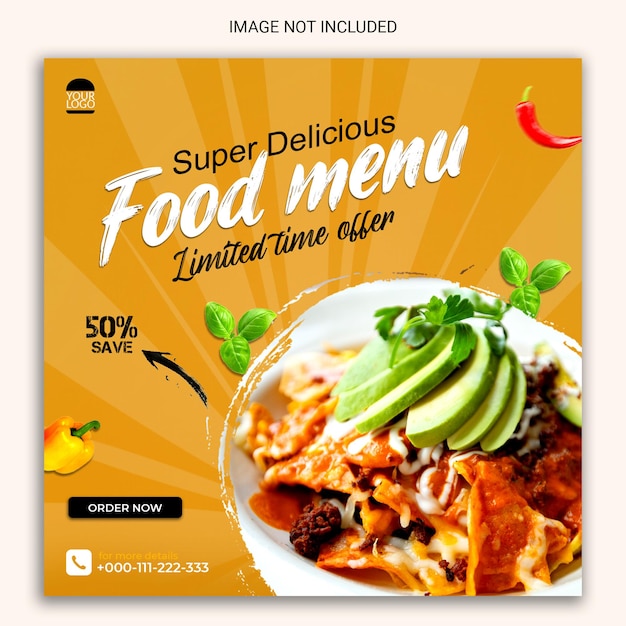 Postagem de promoção de mídia social de menu de comida super deliciosa