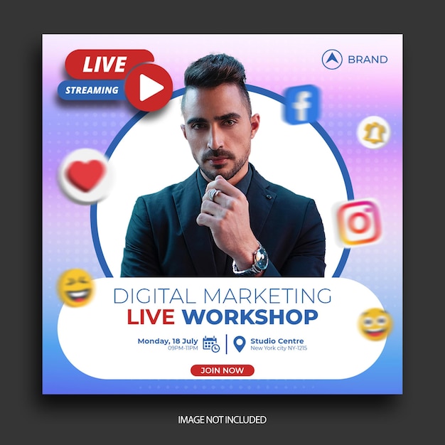Postagem de workshop ao vivo em mídia social, modelo de postagem no Instagram