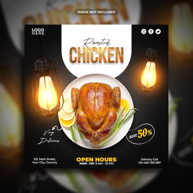 PSD postagem do instagram de promoção de menu de frango assado ou modelo de mídia social de banner quadrado da web