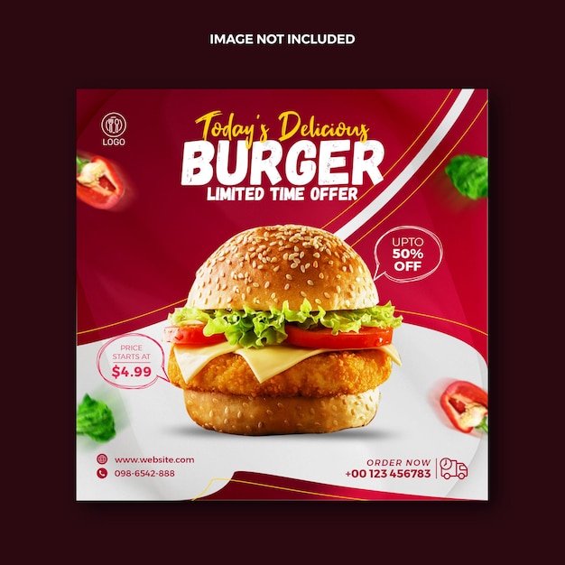 PSD postagem em mídia social de alimentos para banner promocional da web no instagram e squire burger