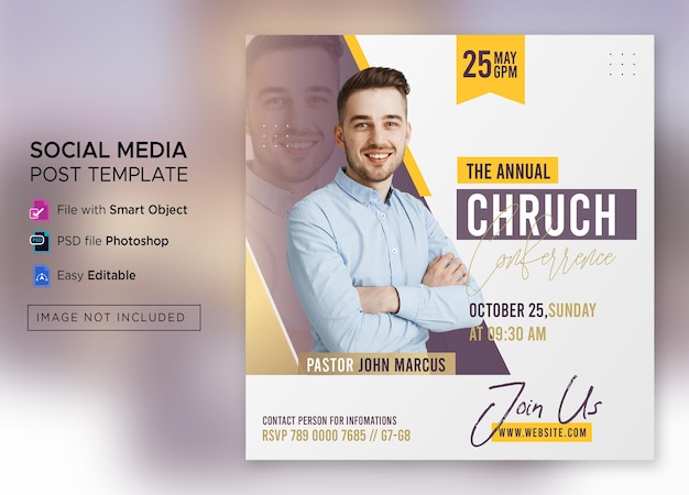 PSD postagem em mídia social de conferência da igreja ou modelo de banner da web de folheto quadrado