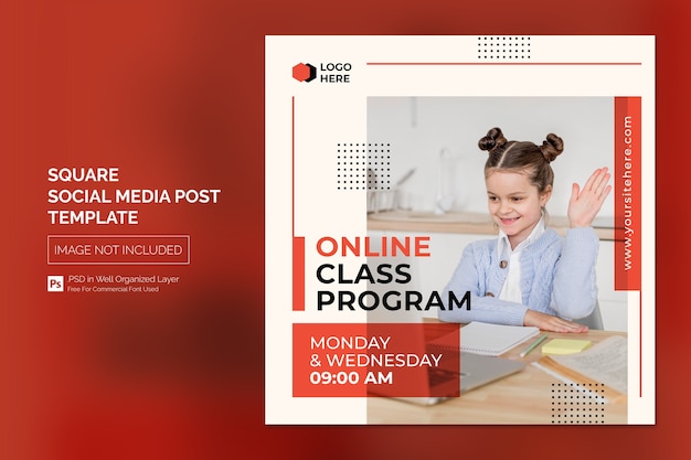 Postagem em mídia social do programa de aula online ou modelo de banner quadrado