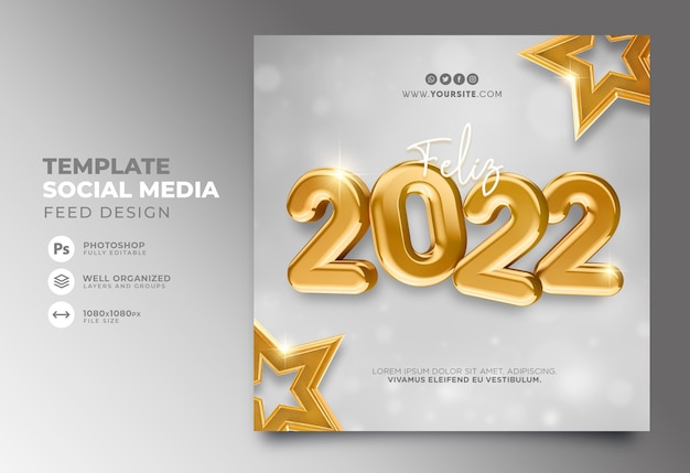 PSD postagem nas redes sociais de ano novo de 2022 em português 3d render template para campanha de marketing no brasil