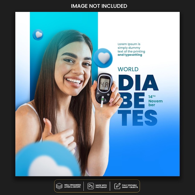 PSD postagem nas redes sociais do dia mundial do diabetes e modelo de promoção no instagram