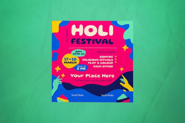 PSD postagem no instagram do festival holi desenhado à mão vermelha