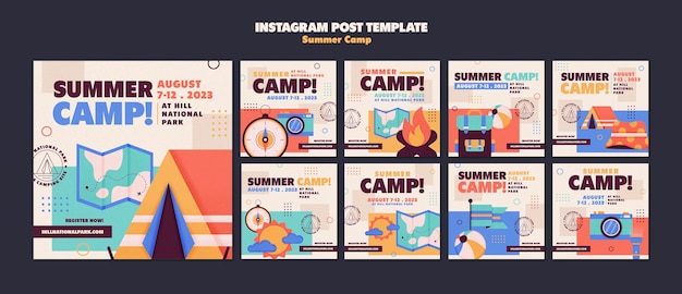 PSD postagens de instagram de acampamento de verão de design plano
