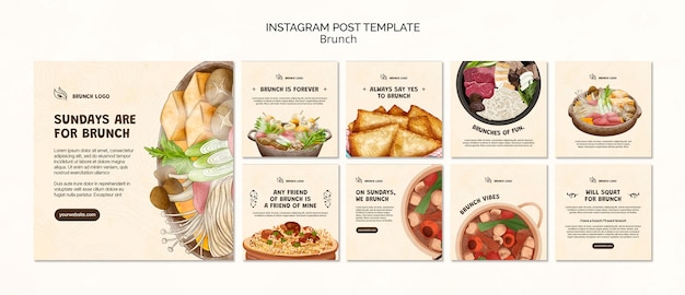 PSD postagens de instagram de brunch saborosos desenhados à mão