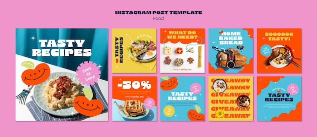 Postagens de instagram de comida deliciosa desenhada à mão