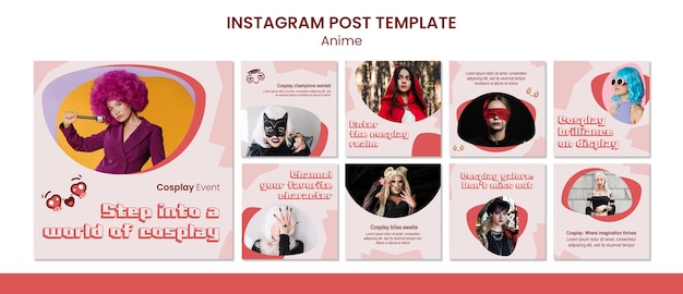 PSD postagens de instagram de cosplay de anime de design plano