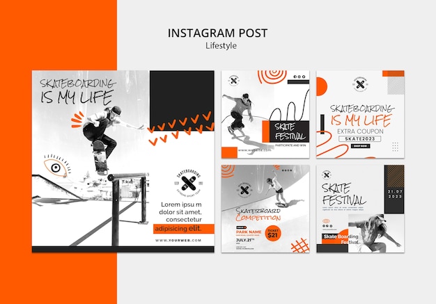 Postagens de instagram de estilo de vida de skate de design plano