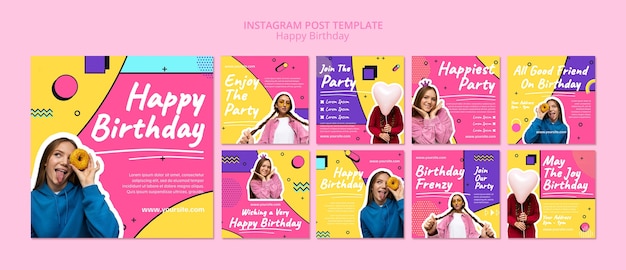 PSD postagens de instagram de festa de aniversário de design plano