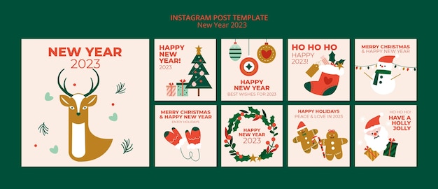 PSD postagens de instagram de natal e ano novo de design plano