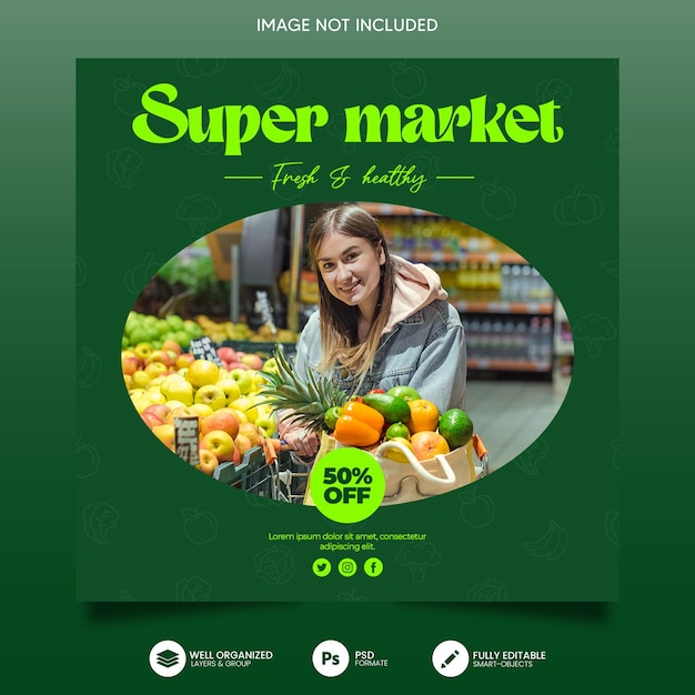 PSD postagens de instagram de supermercado de design plano