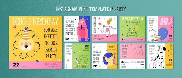 Postagens de instagram divertidas de festa desenhadas à mão