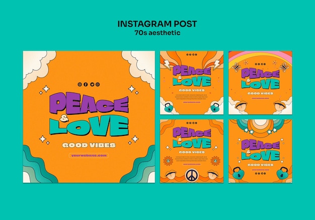 PSD postagens de instagram estéticas desenhadas à mão dos anos 70