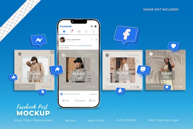 PSD postagens do facebook na maquete do smartphone com ícones 3d