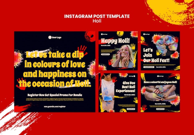 PSD postagens do instagram da celebração do holi