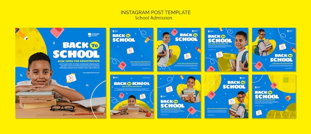 PSD postagens do instagram de admissão escolar de design plano