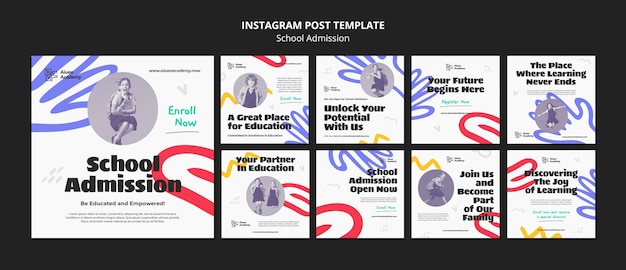 PSD postagens do instagram de admissão escolar de design plano