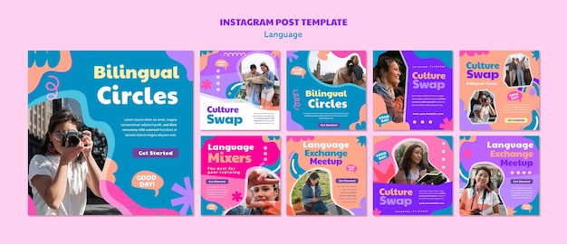 PSD postagens do instagram de aprendizado de idiomas de design plano