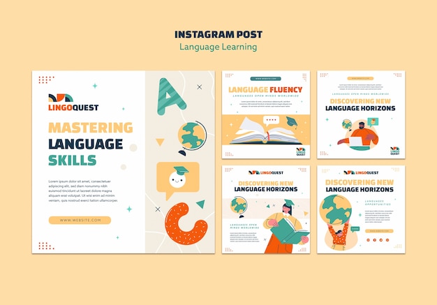 Postagens do instagram de aprendizado de idiomas desenhadas à mão