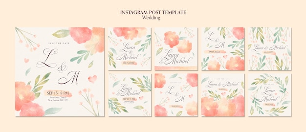 PSD postagens do instagram de celebração de casamento em aquarela