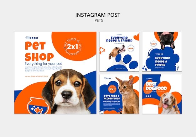 PSD postagens do instagram de cuidados com animais de estimação de design plano