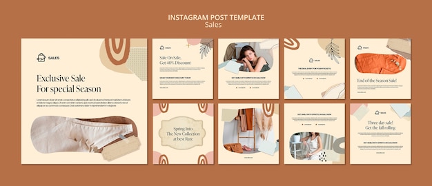 PSD postagens do instagram de desconto de vendas desenhadas à mão