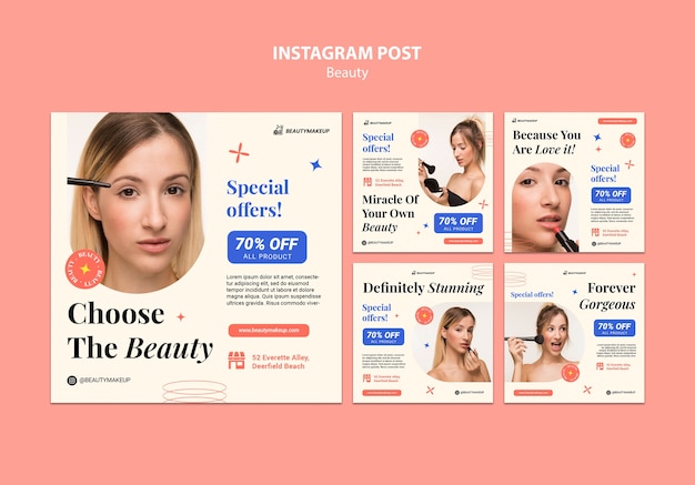 PSD postagens do instagram de produtos de beleza de design plano