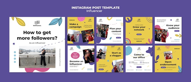 Postagens do instagram de trabalho de influenciador de design plano