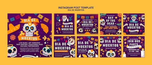 PSD postagens do instagram dia de muertos desenhadas à mão