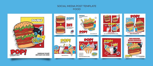 Postagens em mídias sociais de comida pop art