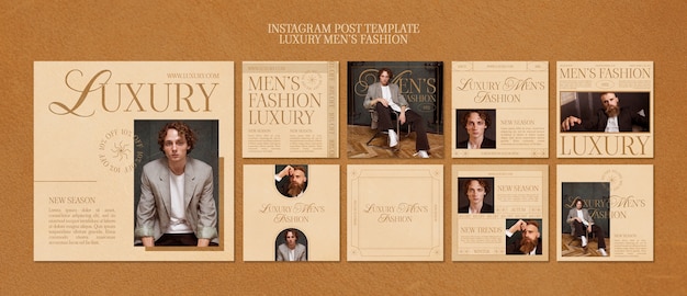Postagens no instagram de moda masculina de luxo com design plano