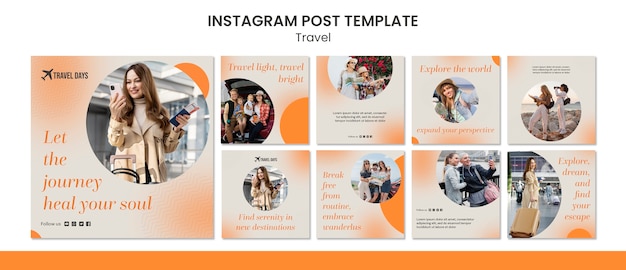 Postagens no Instagram de viagens e aventuras de design plano