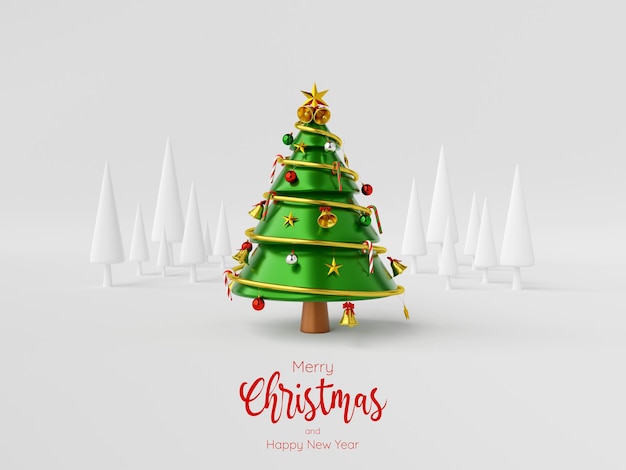 Postal de ilustración 3d de árbol de Navidad sobre fondo blanco.