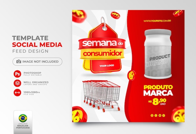 PSD postar a semana do consumidor de mídia social 3d render em português para campanha de marketing no brasil de ofertas