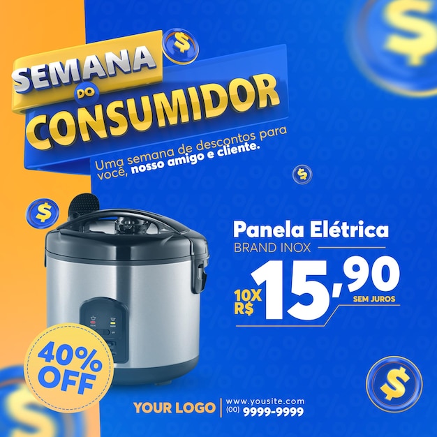 PSD postar a semana do consumidor de mídia social 3d render em português para campanha de marketing no brasil de ofertas