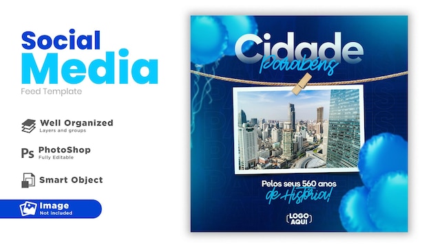 PSD postar aniversário da cidade de mídia social em renderização 3d portuguesa para campanha de marketing no brasil