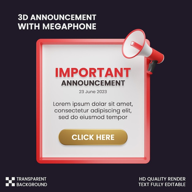 postar anúncio importante de mídia social com renderização 3d de ícone de megafone