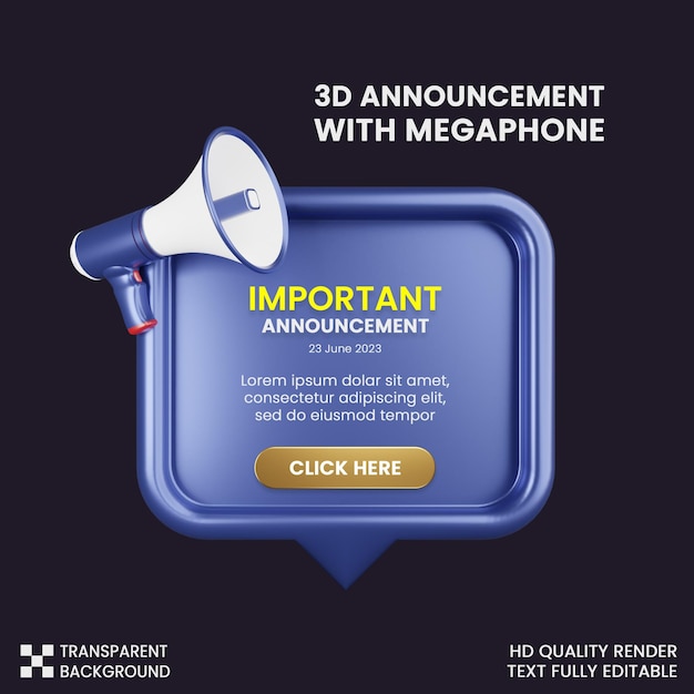 postar anúncio importante de mídia social com renderização 3d de ícone de megafone