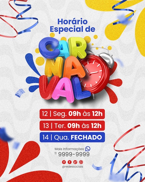 Postar aviso de carnaval nas redes sociais no brasil modelo de renderização 3d para campanha em português