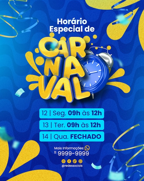 Postar aviso de carnaval nas redes sociais no brasil modelo de renderização 3d para campanha em português