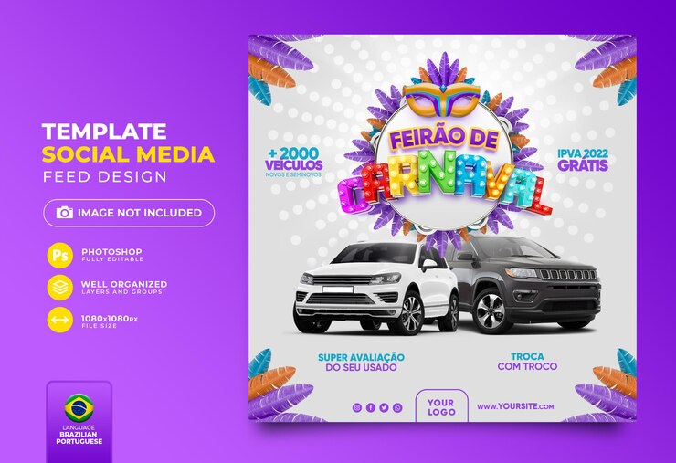 PSD postar carnaval de mídia social de ofertas no brasil 3d render template para campanha de marketing em portugues