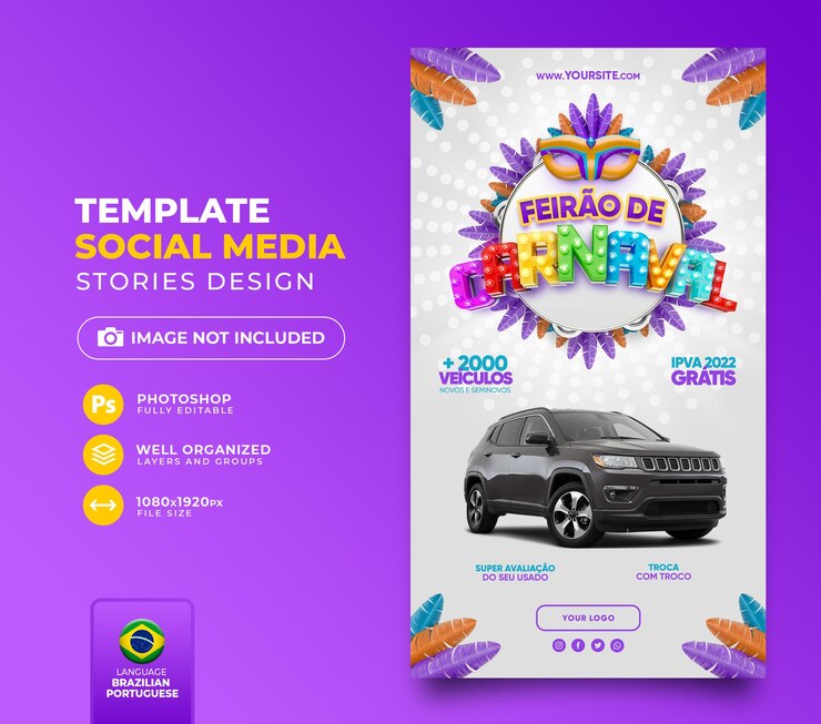 PSD postar carnaval de mídia social de ofertas no brasil 3d render template para campanha de marketing em portugues