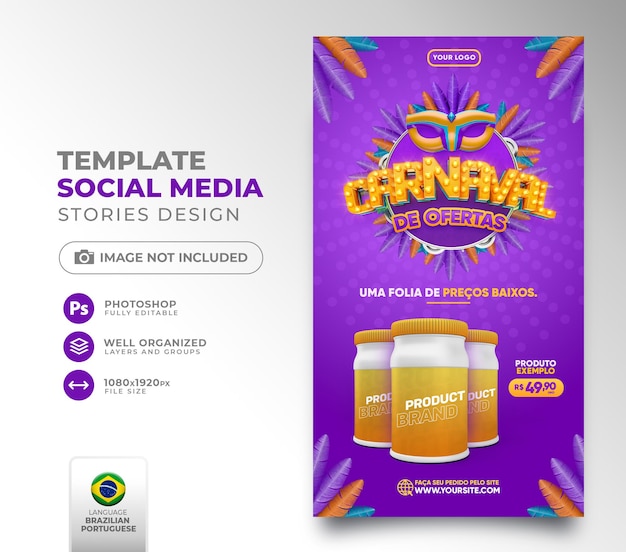 Postar carnaval de mídia social de ofertas no brasil 3d render template para campanha de marketing em portugues