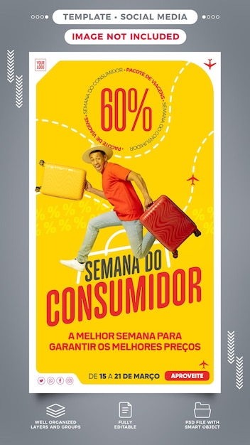 PSD postar histórias de mídia social pacotes de viagem da semana do consumidor