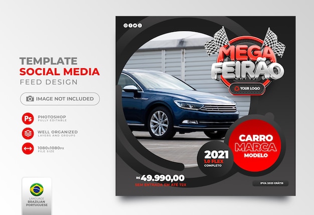 Postar mega feira de carros de mídia social em renderização 3d portuguesa para campanha de marketing no Brasil