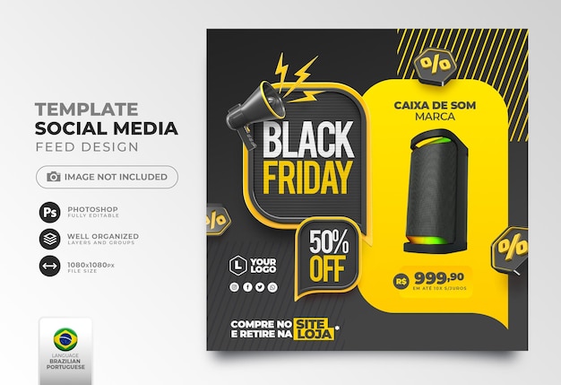 Postar mídia social black friday em português renderização 3d para campanha de marketing no brasil