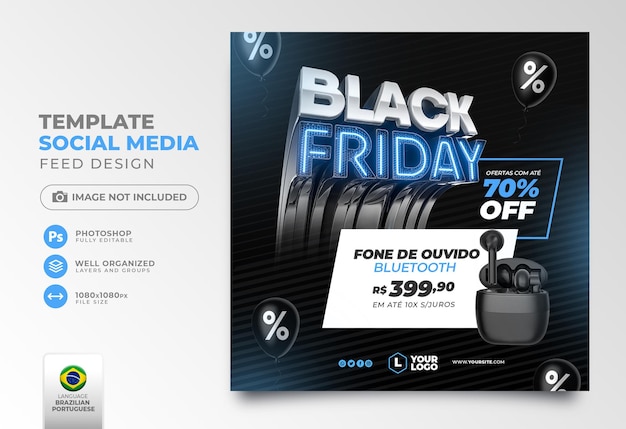 Postar mídia social black friday em português renderização 3d para campanha de marketing no brasil