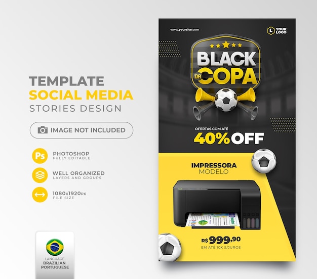 Postar mídia social black friday world cup em 3d render para campanha de marketing no brasil em português